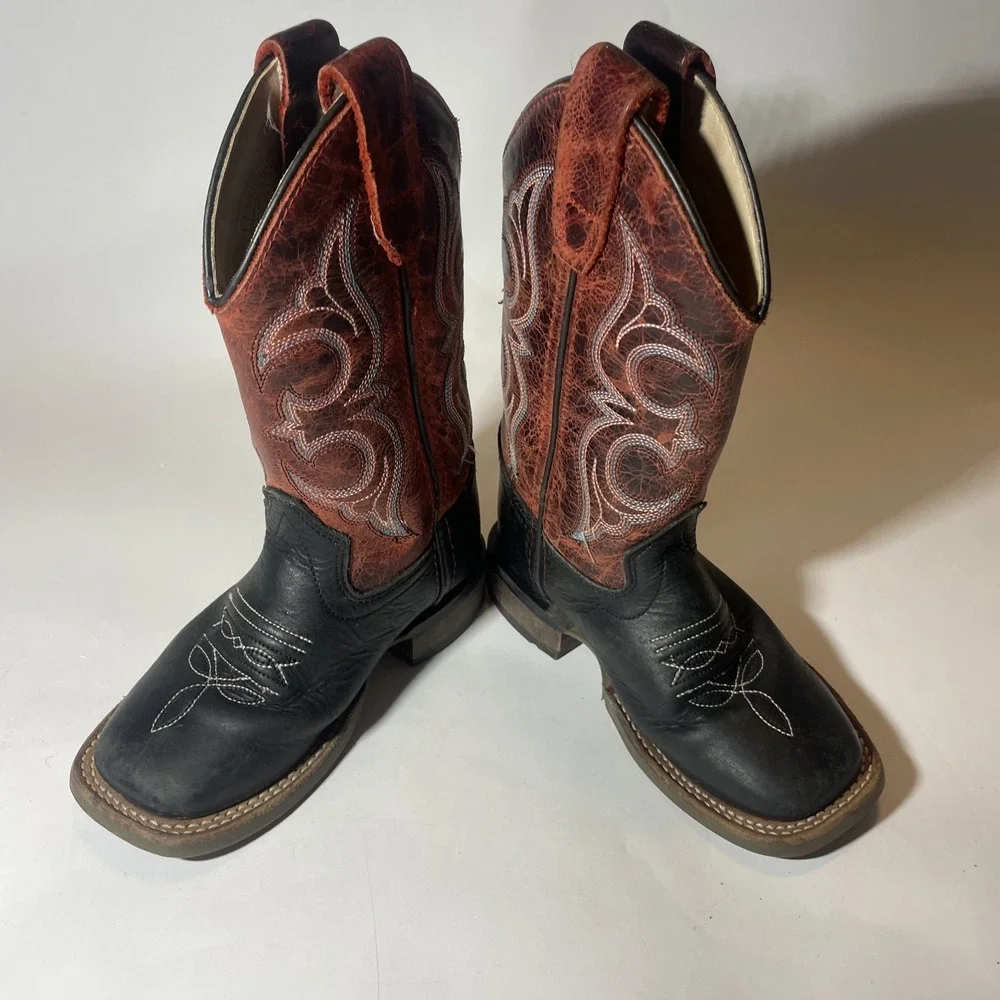 Old West Kids Unisex Broad Square Toe Brown/Fuchsia Waxy Leather Cowboy Boots
